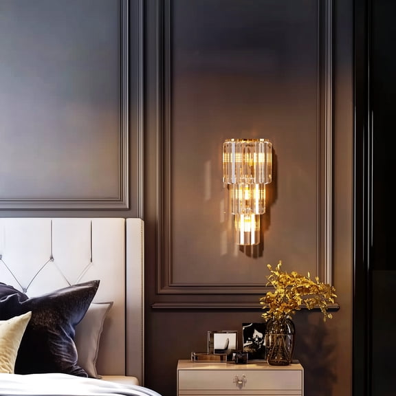 LUVODI 3-Layer Wall Crystal Sconce Lamp Bedroom Wall Light Fixture with Long Crystals