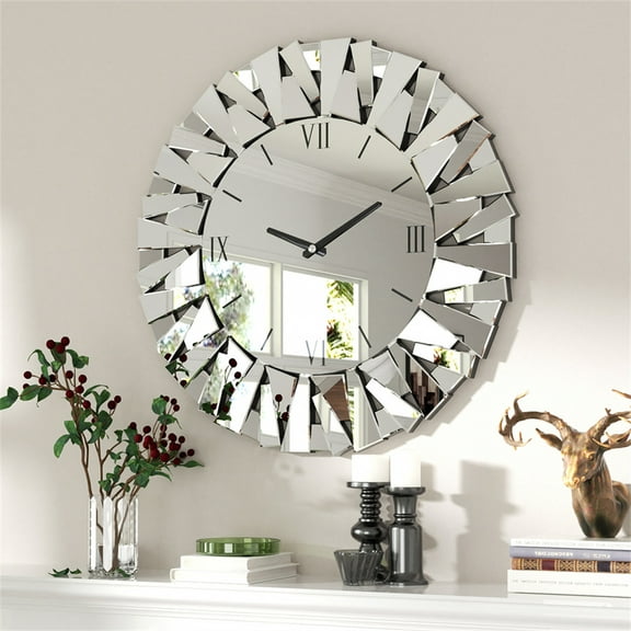 LUVODI 32 Inch Decor Mirror Wall Clock Beveled Glass Edge Wall Mirror with Clock for Living Room Bedroom Fireplaces