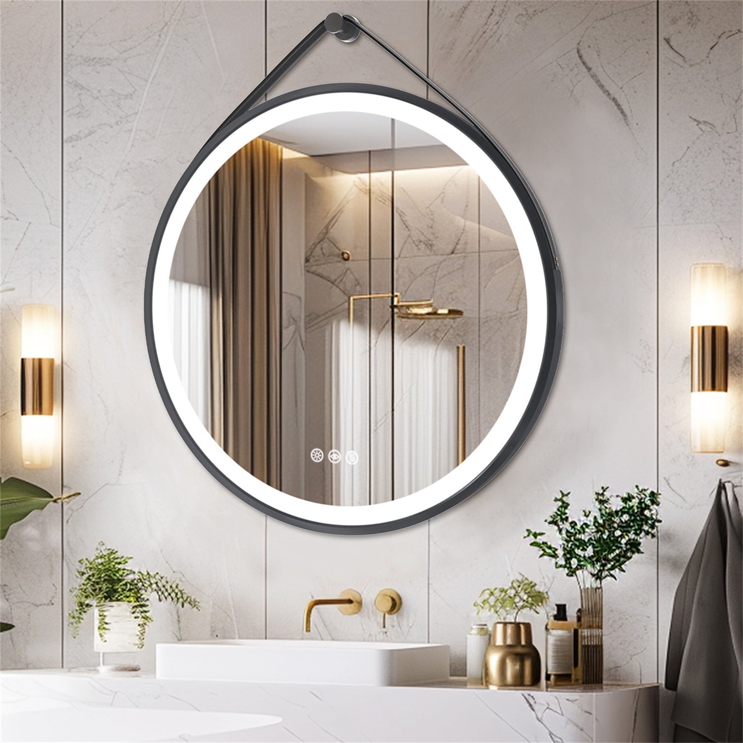 LUVODI 32" Round LED Bathroom Mirror with Lights Black Brushed Aluminum ...