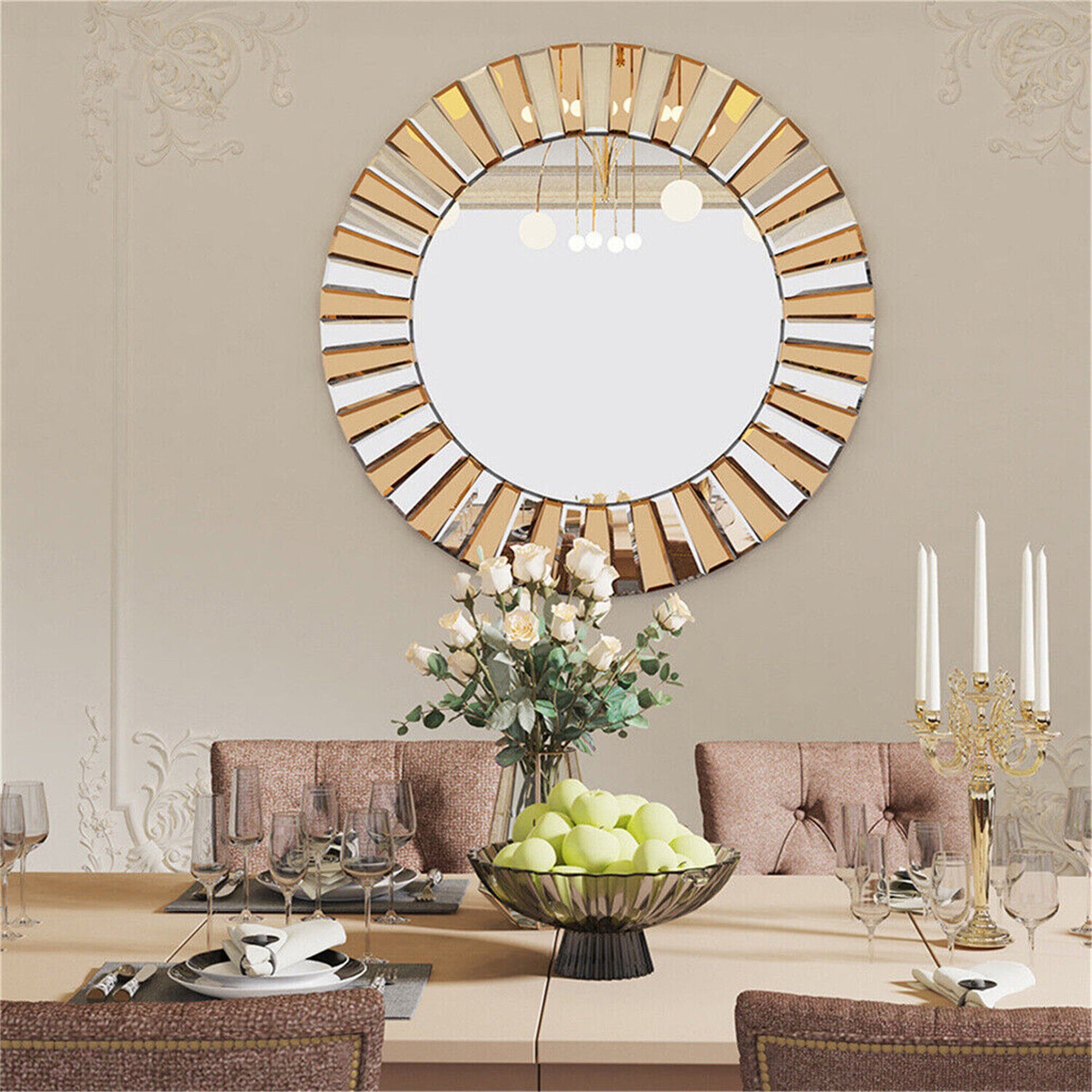 LUVODI 32in Round Decorative Mirror Glass Beveled Edge Wall Mirror for