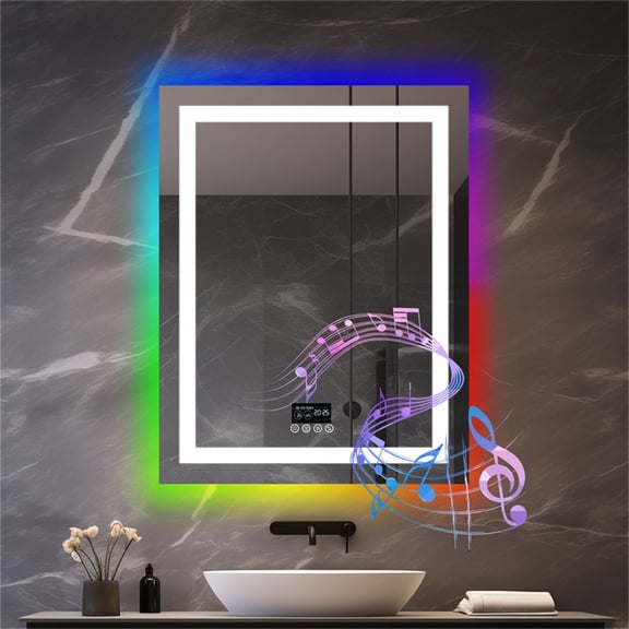 LUVODI 35.43x27.56 inch Front Lighted RGB Backlit Bathroom Mirror with Lights and Bluetooth Speaker 11 Colors Dimmable Smart Anti-Fog Large Wall Mounted LED Mirror with Digital Display
