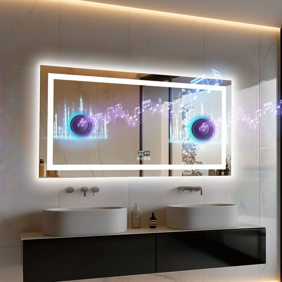 LUVODI 47.24x23.62 inch Square Lighted Bathroom Mirror with Bluetooth Speaker Dimmable Vanity Makeup Wall Mounted Mirrors, Backlit + Front Lit, Memory Function, Anti-Fog, Horizontal/Vertical