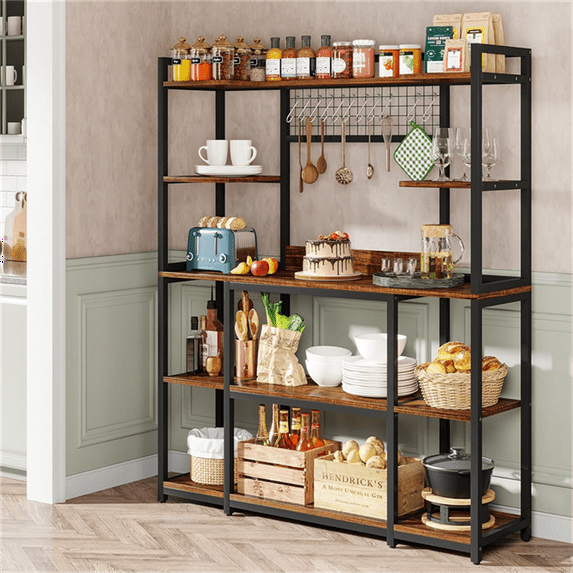 LUVODI 5-Tier Bakers Rack 67" High Kitchen Hutch Cabinet Microwave Stand Storage Shelf Rack with 6 Hooks