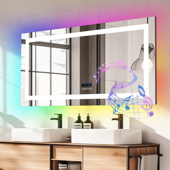 LUVODI 59.45x30.71 inch Front Lighted RGB Backlit Bathroom Mirror with Lights and Bluetooth Speaker 11 Colors Dimmable Smart Anti-Fog Large Wall Mounted LED Mirror with Digital Display