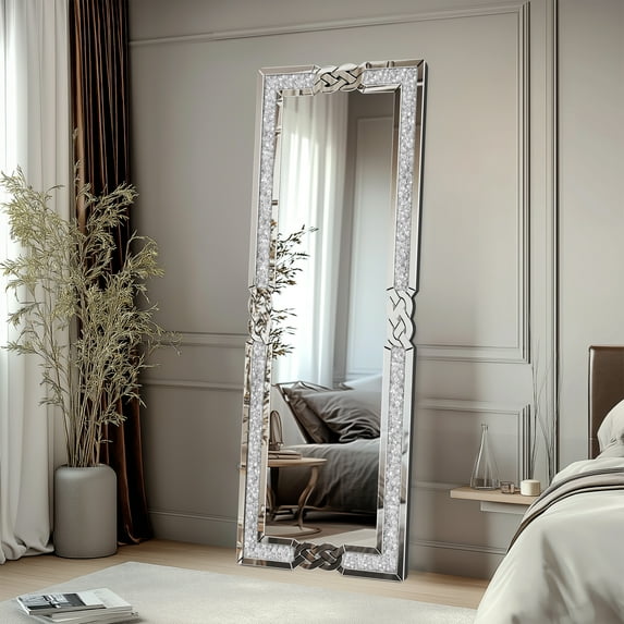 LUVODI 63" x 22" Luxury Crushed Diamond Full Length Mirror Silver Long Floor Standing Mirror / Wall Mounted