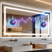 LUVODI 63x31.5 inch Square Lighted Bathroom Mirror with Bluetooth Speaker Dimmable Vanity Makeup Wall Mounted Mirrors, Backlit + Front Lit, Memory Function, Anti-Fog, Horizontal/Vertical