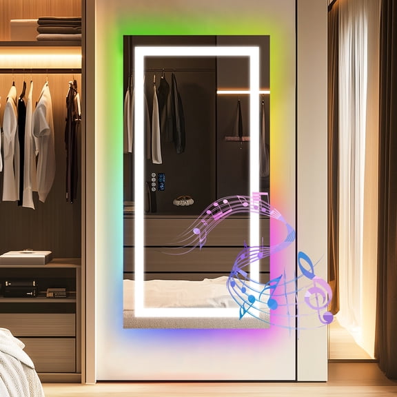 LUVODI 63x31.50 inch Front Lighted RGB Backlit Bathroom Mirror with Lights and Bluetooth Speaker 11 Colors Dimmable Smart Anti-Fog Large Wall Mounted LED Mirror with Digital Display