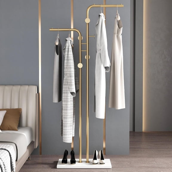 LUVODI 69.29 inch H Double-pole Coat Racks Freestanding Metal Gold Clothing Rack with 5 Hooks and Granite Stone Base