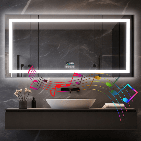 LUVODI 70.87x32 inch XXL Rectangle Lighted Bathroom Mirror with Bluetooth Speaker Dimmable Vanity Makeup Wall Mounted Mirrors, Backlit + Front Lit, Memory Function, Anti-Fog, Horizontal/Vertical 