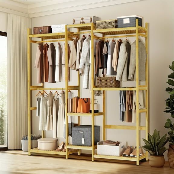 LUVODI 77.17 Inch Bamboo Closet System Clothes Rack Large Freestanding Garment Rack Clothing Rack with 8 Storage Shelves and 4 Rods