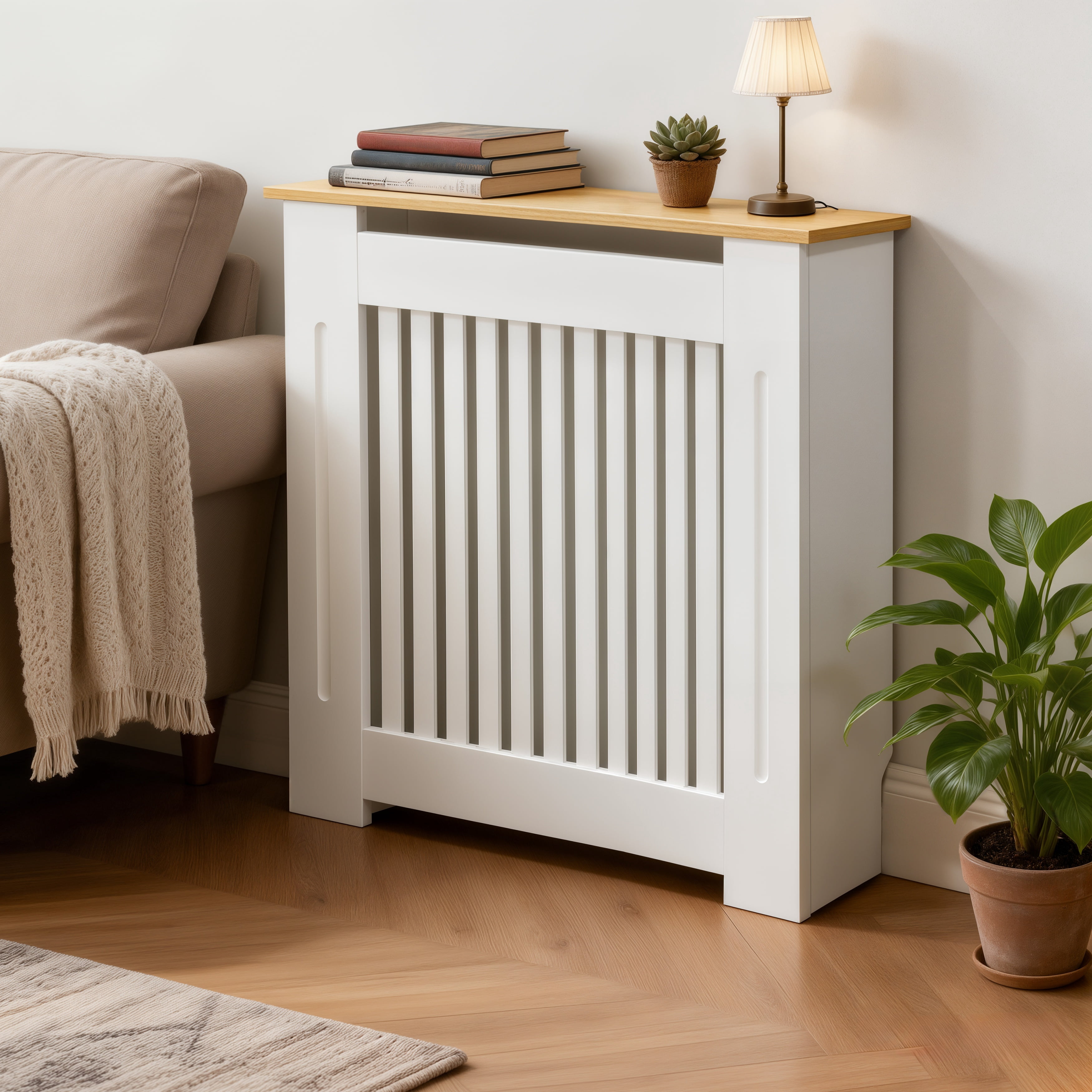 LUVODI 83cm High Modern Slatted Vertical White Radiator Cover with MDF Wood Top, Wood Grill Shelf