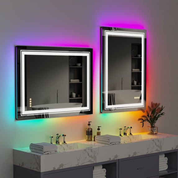 LUVODI Anti-Fog LED Bathroom Mirror with Dimmable RGB Multicolor Backlit Frontlit 24x32 in Rectangle