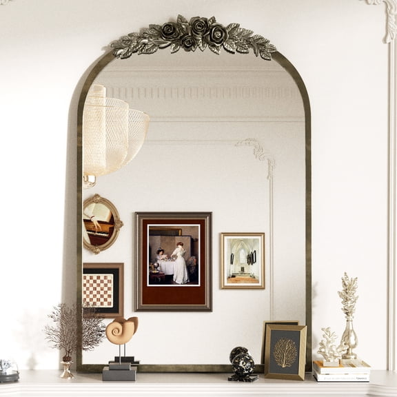 LUVODI Arched Bathroom Wall Mirror Vintage Art Mirror with Flower Relief Frame Home Decor 24x36in