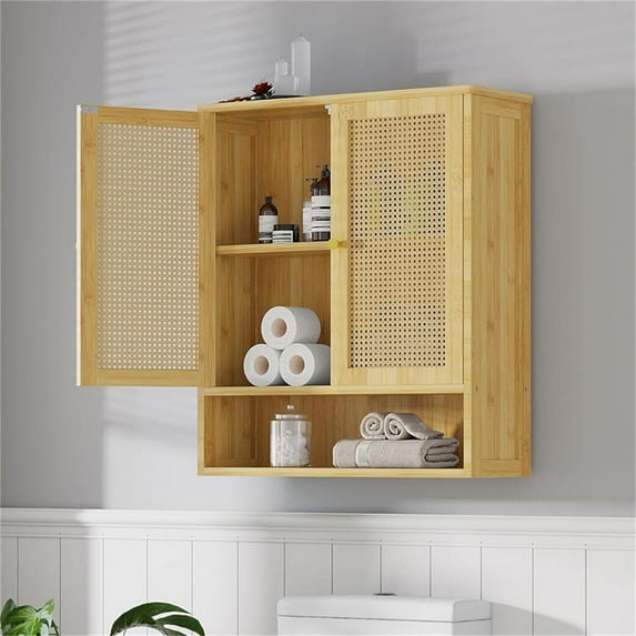 LUVODI Bamboo Bathroom Medicine Cabinet Wall Mounted Rattan Storage Cabinet for Small Spaces Laundry