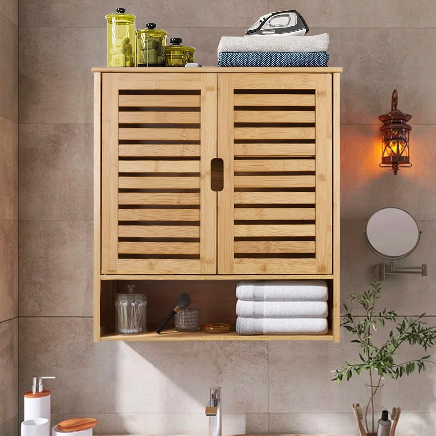 LUVODI Bamboo Bathroom Wall Cabinet Wall Mount Medicine Cabinet Storage Organizer with 3 Tier Adjustable Shelf