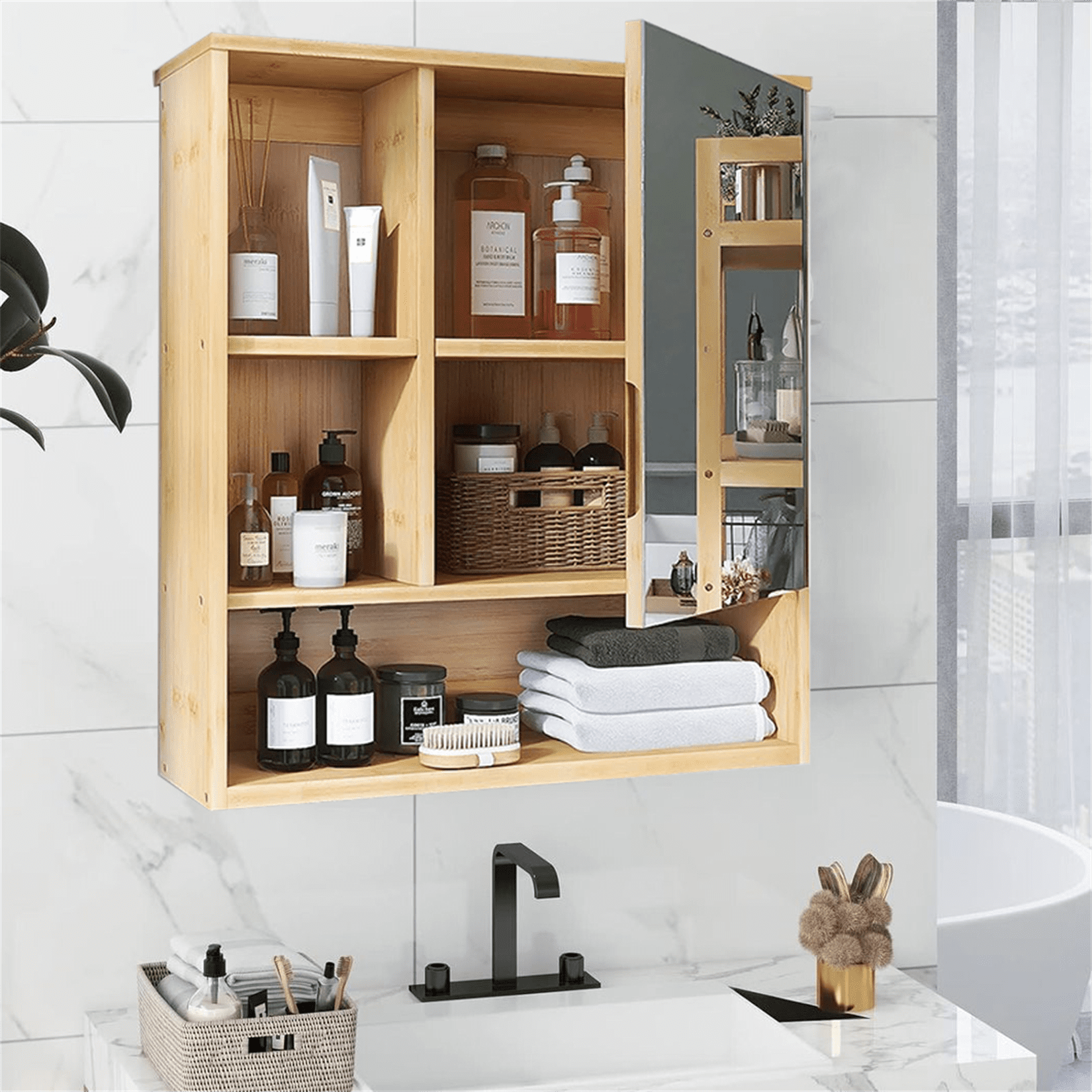 LUVODI Bathroom Mirror Cabinet Medicine Cabinet Wall Mounted Cupboard 1 Door Right Open Bamboo Frame