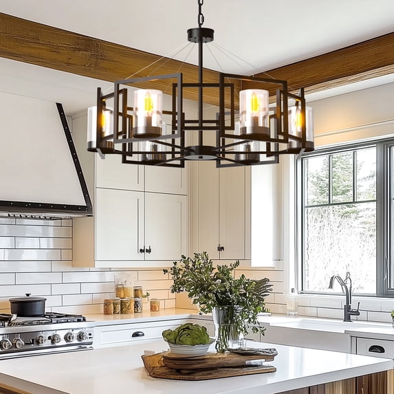 LUVODI Black Industrial Chandelier for Dining Room 6-Lights Large Geometric Shade Pendant Lighting Fixture 28.94x46.45 inch