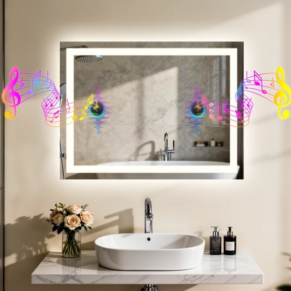 LUVODI Bluetooth LED Bathroom Mirror Rectangle Smart Backlit Wall Makeup Vanity Mirror Dimmable