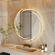 LUVODI Bright LED Bathroom Mirror with Backlit Whirlwind Patterned Anti-Fog Dimming Mirror 35 Round