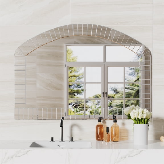 LUVODI Decorative Wall Mirror Frameless Beveled Glass Edge Bathroom Mirror Arched 39x28in