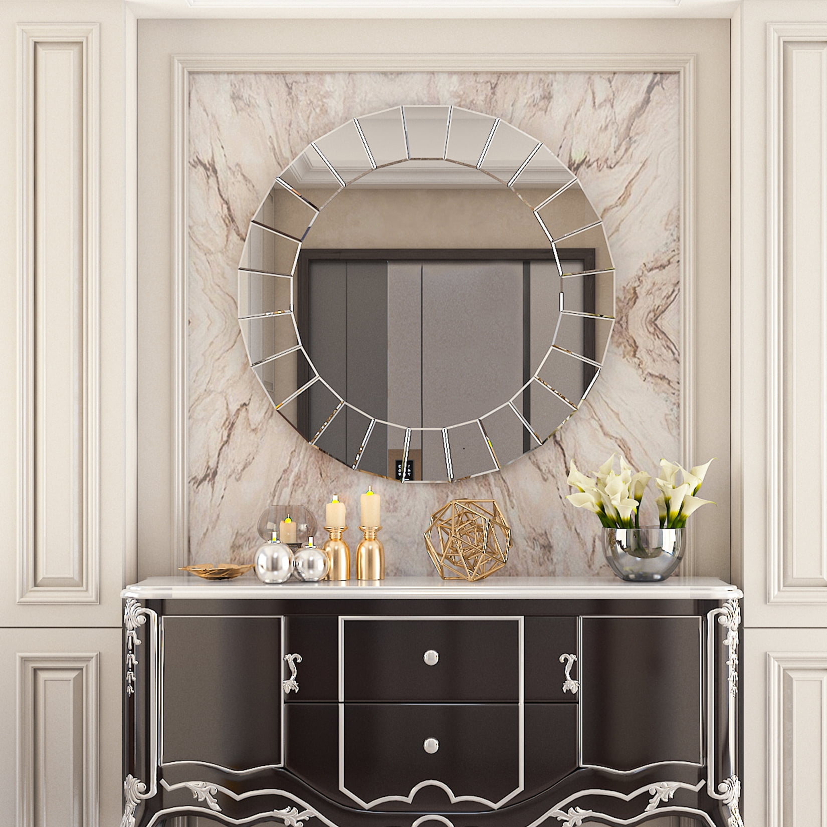 LUVODI Decorative Wall Mounted Mirror Modern Silver Accent Art Mirror for Living Room 32 in