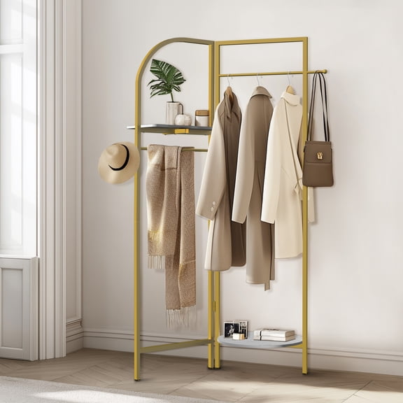 LUVODI Entryway Corner Gold Metal Clothing Rack Freestanding Clothes Coat Rack 90-180 Unfolding