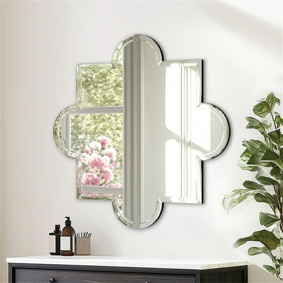 LUVODI Frameless Irregular Wall Mirror 31.5x31.5 inch HD Glass Bathroom Mirror with Beveled Silver Edge