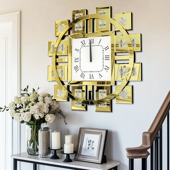 LUVODI Gold Irregular Wall Mirror Clock Crushed Diamond Inlay Wall Decor Clock Roman Numerals -23.62x23.62 inch