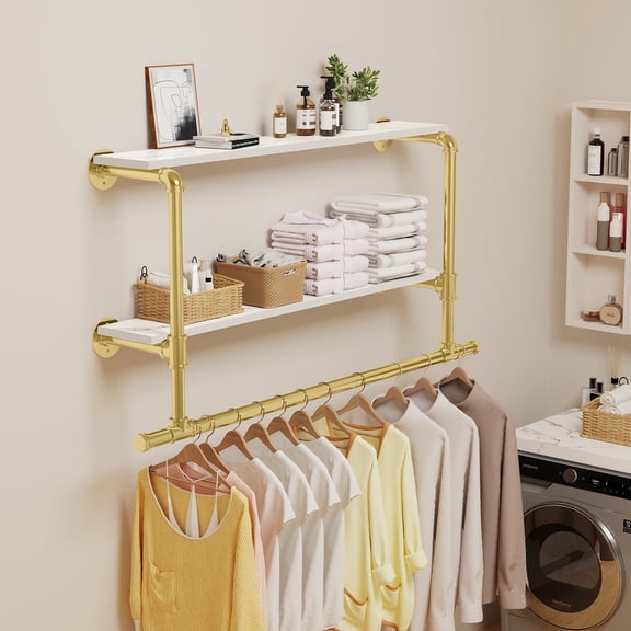 LUVODI Heavy Duty Pipe Clothes Rail Wall Mounted Garment Rack with 2 Tiers Open Shelves