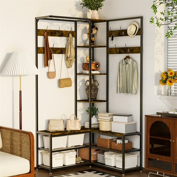 LUVODI Industrial Coat Rack Shoe Bench Corner Coat Stand with Shoe Rack Storage Bench for Entryway with 10 Hooks