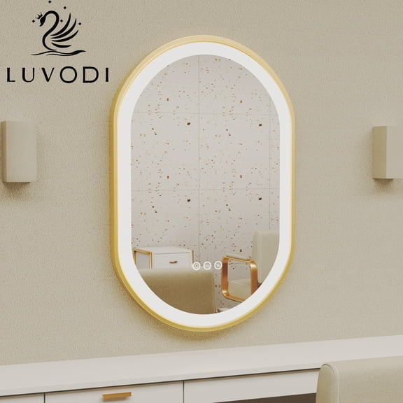 LUVODI Led Lighted Bathroom Mirror Gold Aluminum Frame Anti-Fog Dimmable Vanity Mirror Oval 32x20 inch