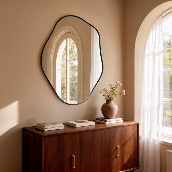 LUVODI Modern Asymmetrical Irregular Wall Mirror Black Aluminum Frame Vertical Hanging Decorative Mirror for Living Room Bedroom Bathroom Entryway