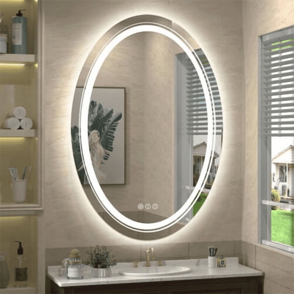 LUVODI 28 x 20 inch Oval LED Bathroom Mirror Anti-Fog 3 Colors Light Dimmable Wall Mounted Lighted Bathroom Vanity Mirror