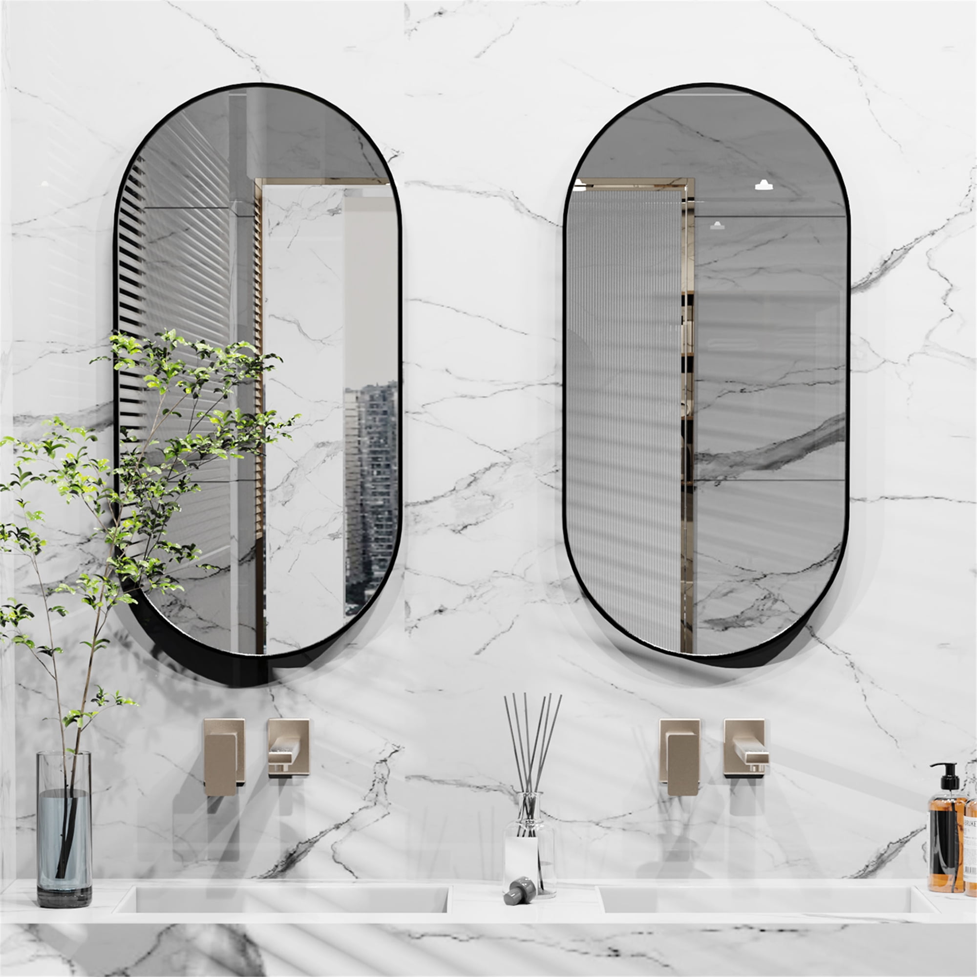 LUVODI Oval Wall Mounted Mirror 39x20in Bathroom Makeup Mirror Bathroom Black Aluminum Framed