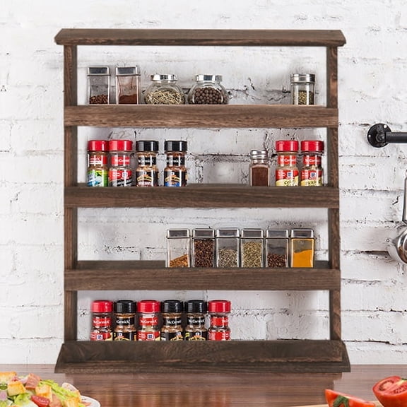 LUVODI Rustic 4Tier Wooden Spice Jar Rack Desktop Wall Hanging Storage Shelf Holder Kitchen Cabinet
