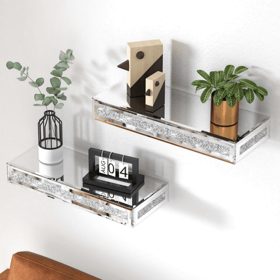 LUVODI Silver Crushed Diamond Wall Floating Shelf Luxury Mirrored Storage Shelf Home Decoration