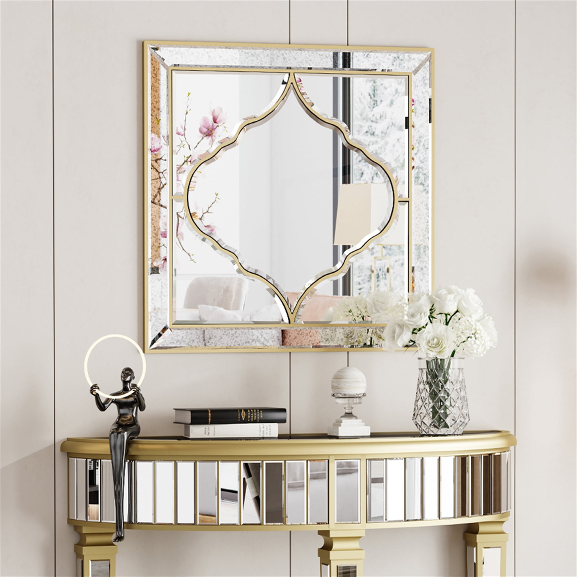 LUVODI Silver Wall Accent Mirror Gold Rim Art Glass Mirror for Living