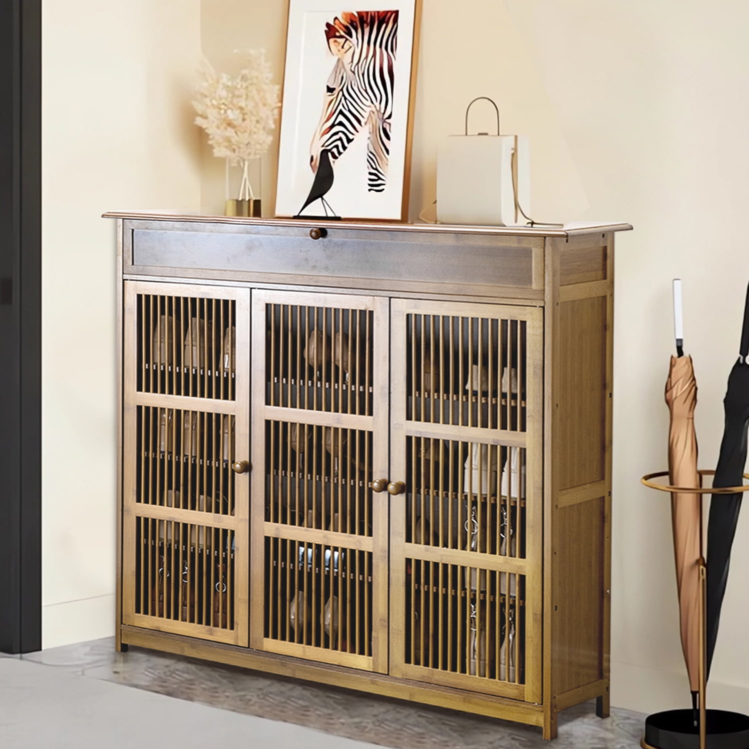 LUVODI Vintage Shoes Rack Cabinet 4 Tier Shelves Shoe Storage Cabinet with 3 Hollow Doors for Entryway