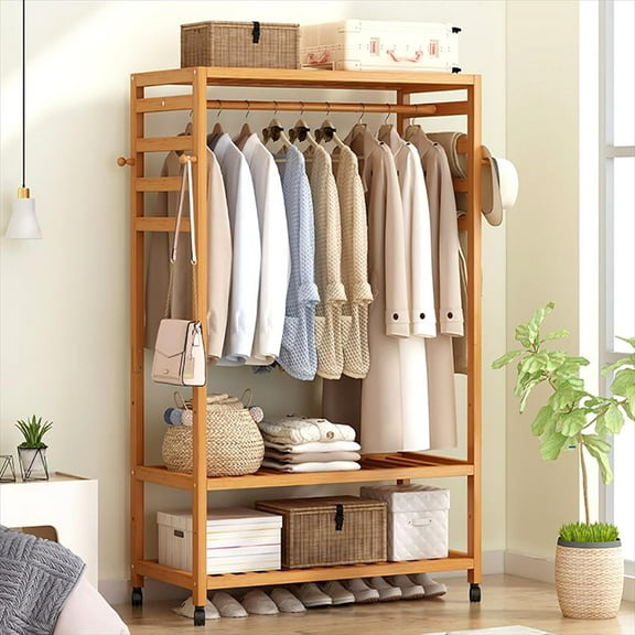 LUVODI XL Bamboo Wood Clothes Coat Stand with Shelves Bedroom Garment Rack Clothes Hanging Organizer