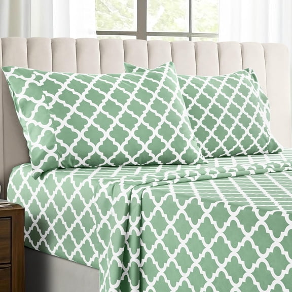 LUX Dcor Quatrefoil King Sheet Set - 4 Piece Ultra-Soft Microfiber Bed Sheets with Flat Sheet, 16 Inches Deep Pocket Fitted Sheet & Pillowcases, Breathable, Bedroom Decor, Oeko-TEX - Sage