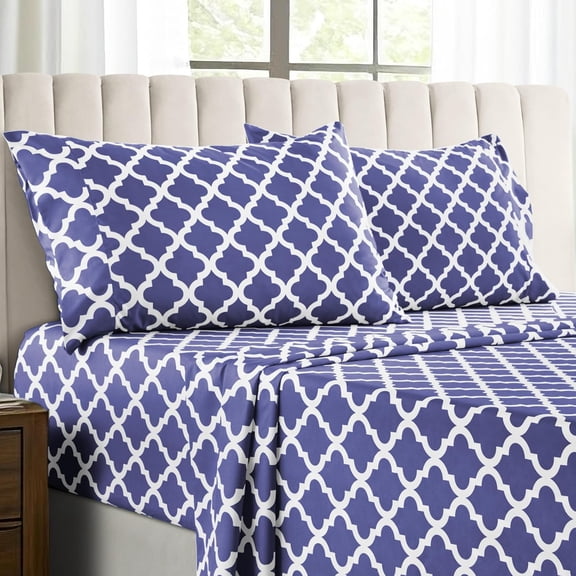 LUX Dcor Quatrefoil Queen Sheet Set - 4 Piece Ultra-Soft Microfiber Bed Sheets with Flat Sheet, 16 Inches Deep Pocket Fitted Sheet & Pillowcases, Breathable, Bedroom Decor, Oeko-TEX - Navy Blue