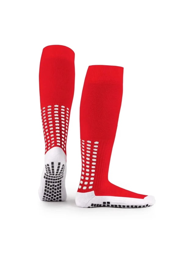 Knee High Soccer Grip Socks Red Anti-Slip Football Grip Socks Cushioned Performance Athletic Wear