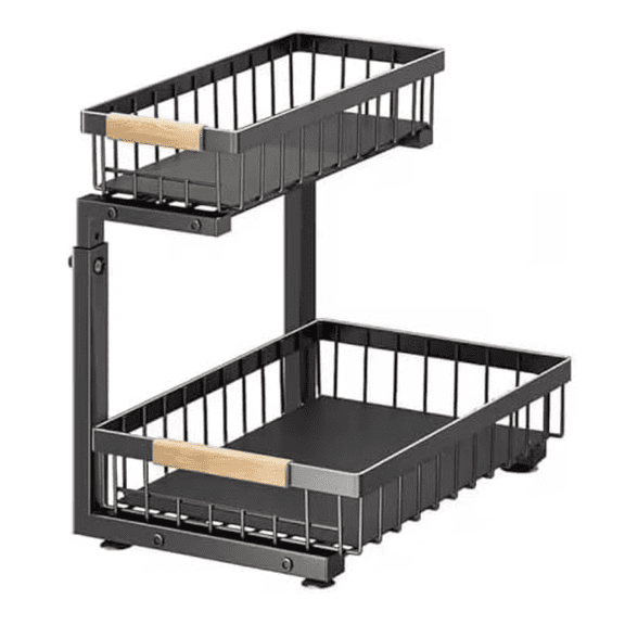 LUX LIFE Lumela Under Sink Organizer, 2-Tier Slide-Out Cabinet Organizer Shelf, Height Adjustable Metal Pull-Out Storage Rack with Wood Handle for Kitchen & Bathroom Cabinets