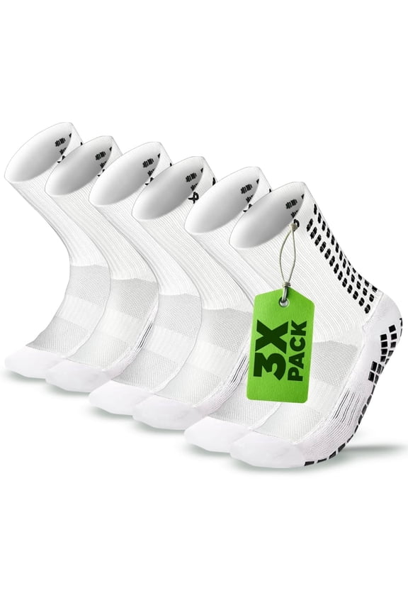 Soccer Grip Socks, Calf Length, White, Adult Size EU 3946 / US 611.5, 3-Pack