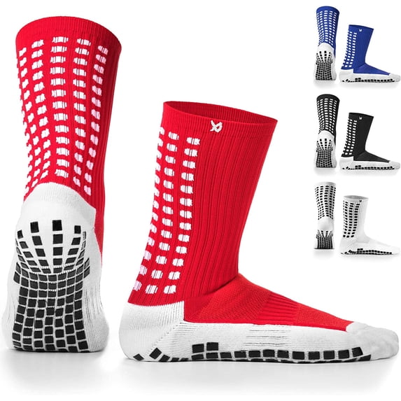 LUX Sports Anti-Slip Soccer Socks – Grip Pads, Calf Length, Red, Adult Size 6–11.5