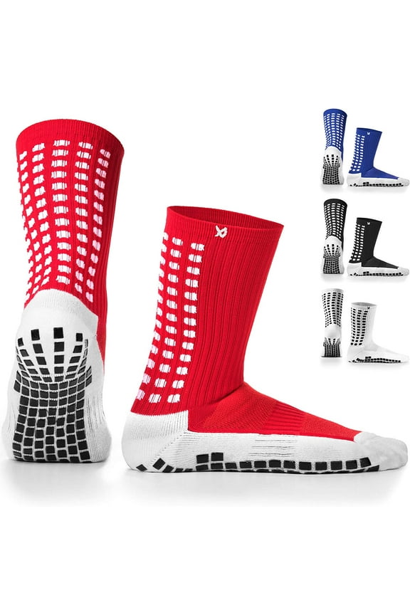 Anti Slip Calf Soccer Socks,Non Slip Football/Basketball/Hockey Sports Grip Pads Socks - Red
