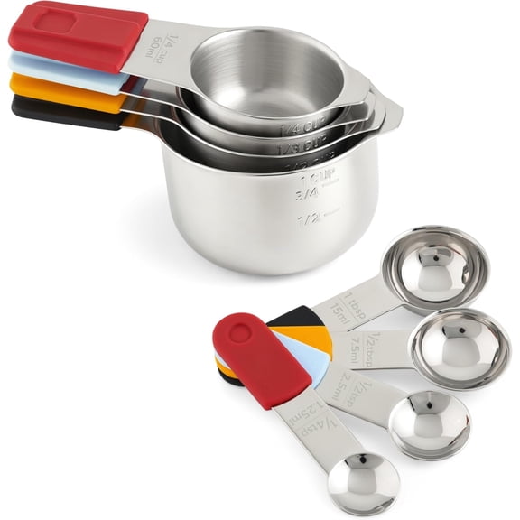 LUX Stainless Steel Measuring Cups and Spoons Set - Magnetic Measuring Spoons Set, 8-Piece Metal Measuring Cups, 4 Dry Measuring Cups, 4 Spoons, Color-Coded Handles, Dishwasher Safe