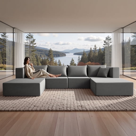 LUXAPA 140"Corduroy Sectional Sofa for Living Room, Comfy Cloud Couch with Movable Ottomans, Grey