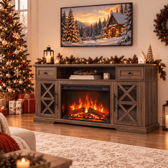 LUXAPA Fireplace TV Stand for TVs Up to 65 Inch with Electric Fireplace, Farmhouse Entertainment Center with 1400W Heater, Remote Control, Adjustable Flame, Storage Console