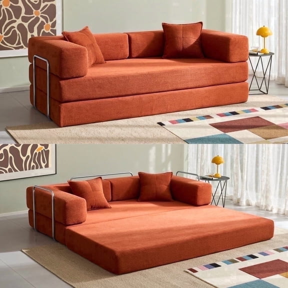 LUXAPA 78.6" Sleeper Sofa Bed, Comfy Modular 2-in-1 Convertible Couch, Corduroy Upholstered Deep Seat Sofa for Living Room & Small Spaces, Modern Folding Guest Bed with 2 Pillows, Orange